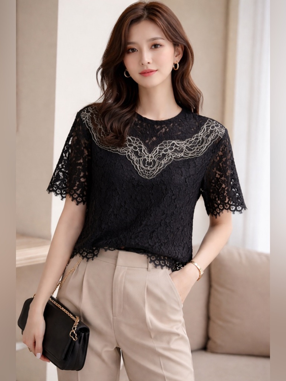 Sandro Black Lace Embellished with Sleeve Blouse